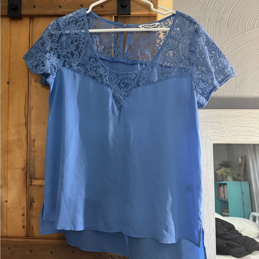 Express Light Blue Lace Yoke Blouse Size Medium